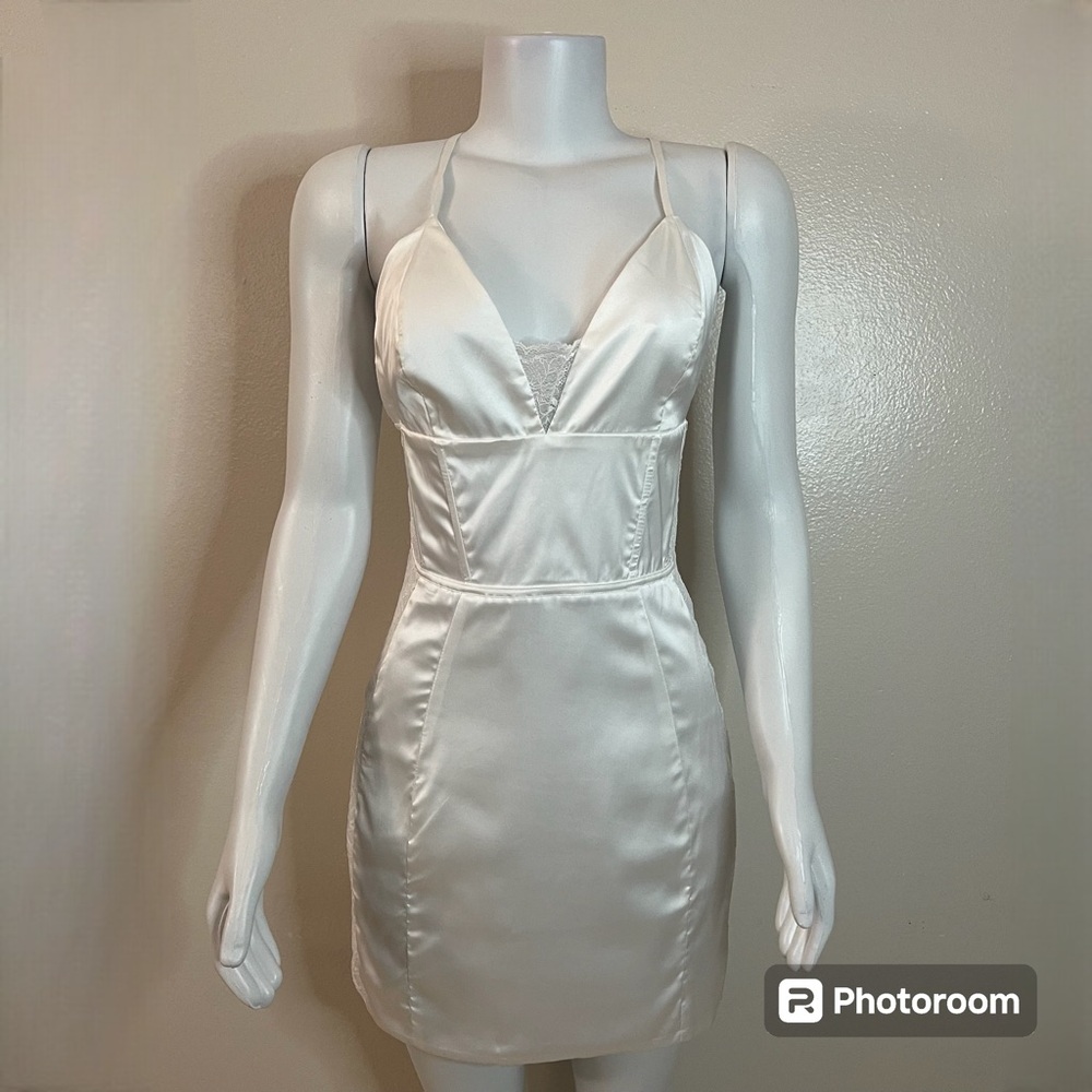 White satin lace V-neckline crisscross back straps mini dress